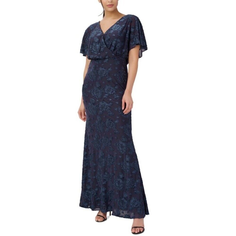 Adrianna Papell Womens 2 Navy Floral Burnout Velvet Long Blouson Dress Gown New - Picture 7 of 16